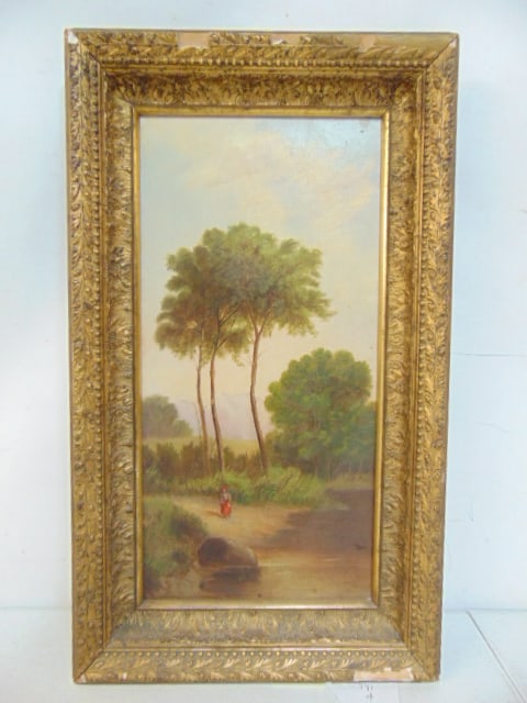 Painting, lady in landscape, 19th Century oil on canvas, unsigned, in gilt frame, canvas is 20" by (1 of 4)