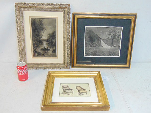 2 charcoal drawings & etching, charcoal drawing, figures in row boat under moonlit sky, unsigned 11 (1 of 6)