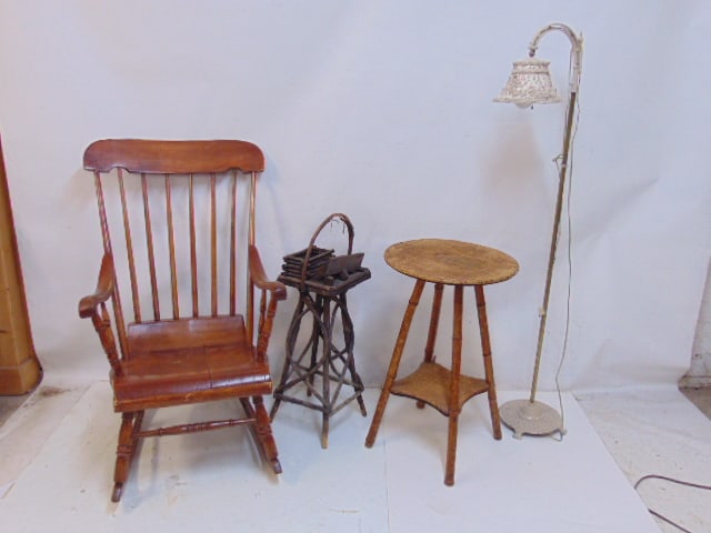 Country rocker, floor lamp, rattan side table & small Adirondack smoke stand, floor lamp is 57" tall (1 of 8)