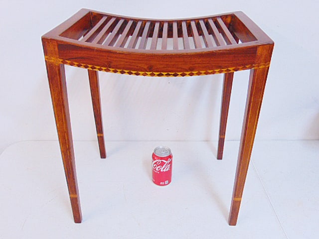 Inlaid curved seat stool with slatted top, 18" by 13", height is 20.25": Inlaid curved seat stool with slatted top, 18" by 13", height is 20.25"
