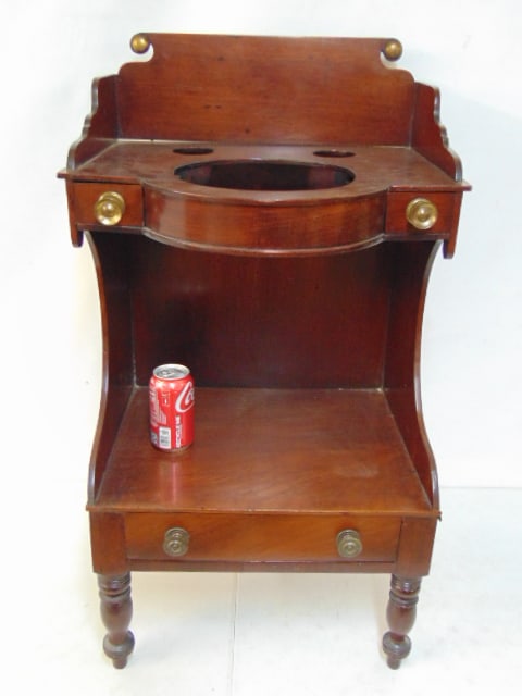 Sheraton mahogany wash stand with two small drawers flanking bowl cutout, (no bowl) & drawer in (1 of 4)