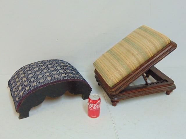 2 early upholstered gout stools, one bow form, one adjustable, bow form has repaired leg (1 of 5)