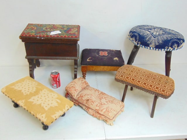 Lot 6 early stools, including dollhouse form recamier, shoe shine stool & 4 upholstered stools (1 of 6)
