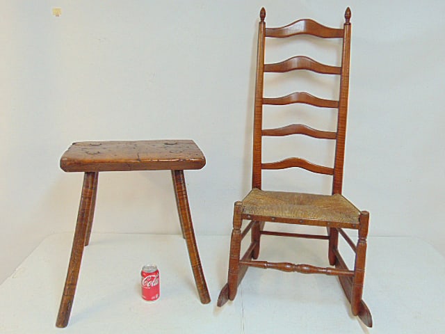 Primitive tiger maple stool or stand & ladder back rocker with rush seat, stand is 18.75" by 12", (1 of 5)