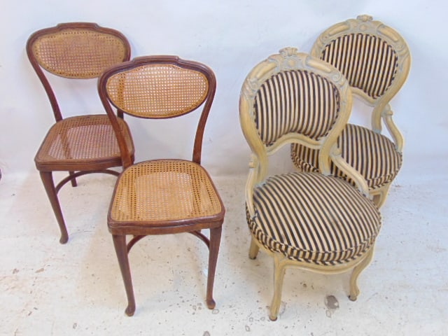 Pair Thonet side chairs & pair Victorian painted upholstered side chairs, Thonet chairs have caned (1 of 5)