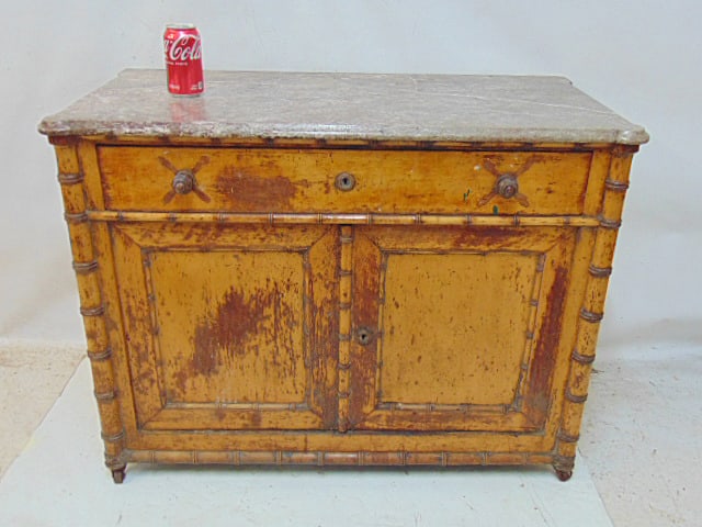 Bamboo & maple base marble top washstand cabinet, single drawer over two doors, finish distressed, (1 of 4)