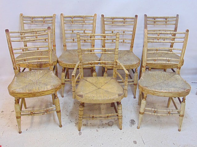 Assembled set of 7 rush seat painted chairs, 6 side and one arm, arm chair is slightly different, (1 of 8)