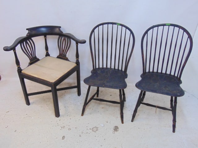 Pair antique Windsor chairs & Jacobean style corner chair, all painted black, one Windsor chair has (1 of 6)