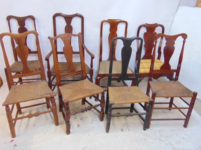 Assembled set of 8 antique chairs, 7 side, one arm, 5 with rush seat, one with woven seat, two with (1 of 7)