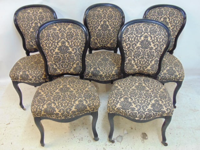 Set 5 upholstered balloon back chairs with black painted wood frames, two show repairs to back (1 of 4)