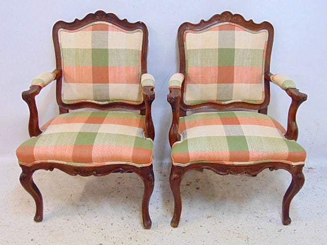 Pair French provincial arm chairs with upholstered seat & back. (1 of 4)