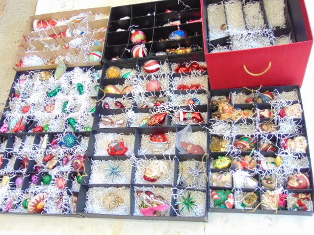Collection glass Christmas ornaments, in three fitted storage boxes, mostly new, few old ornaments (1 of 7)