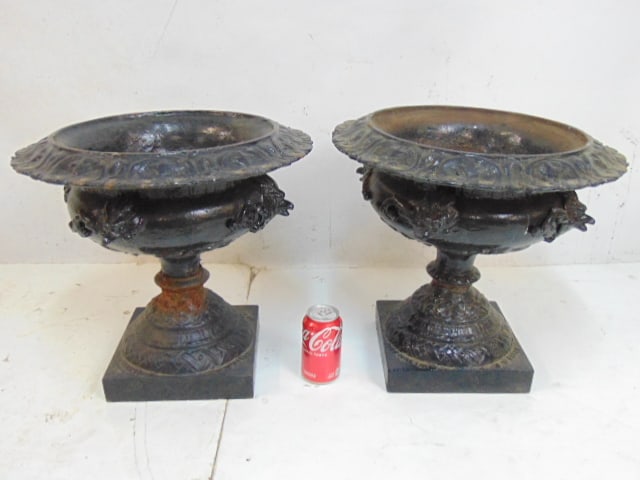 Pair Fiske cast iron garden urns, 17.5" in diameter, height is 17", signed: Pair Fiske cast iron garden urns, 17.5" in diameter, height is 17", signed