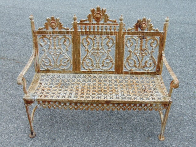 Victorian iron garden bench, old white paint, seat has repair in front corner, 44" long, 17" deep, (1 of 5)