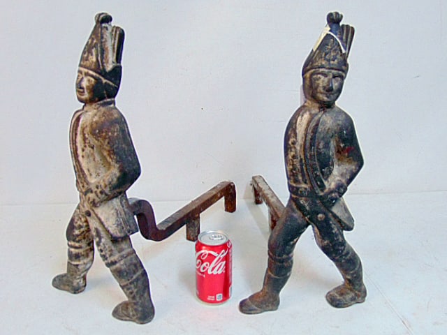 Pair figural Hessian figural andirons, cast iron, height is 19.25" (1 of 4)
