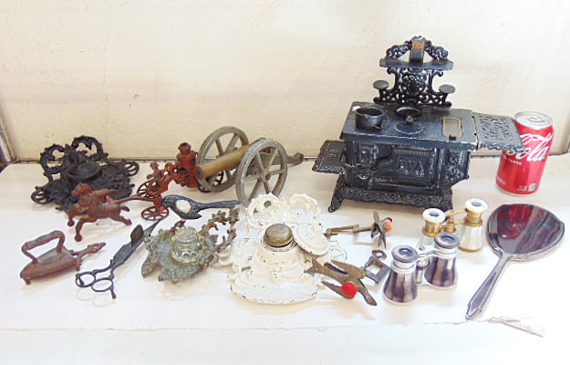 Lot of iron toys, inkwells, opera glasses, sewing birds, miniature iron stove, cannon, more, please (1 of 7)
