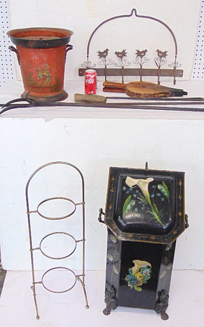 Lot hearth items, 19th Century tole coal hod, toleware floral paint decorated coal bin, wrought iron (1 of 10)