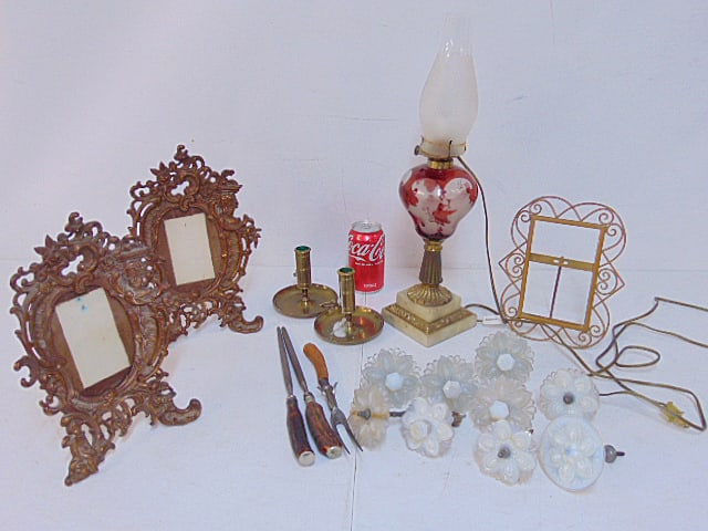 Lot smalls, glass tie backs, pair brass frames, oil lamp, horn handled sharpening steels, pair push (1 of 5)