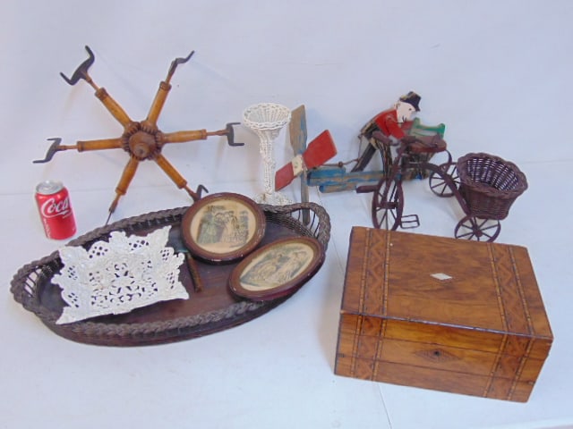 Misc. smalls lot, inlaid lap desk, cast iron tray with handle, wicker rimmed serving tray, doll (1 of 11)