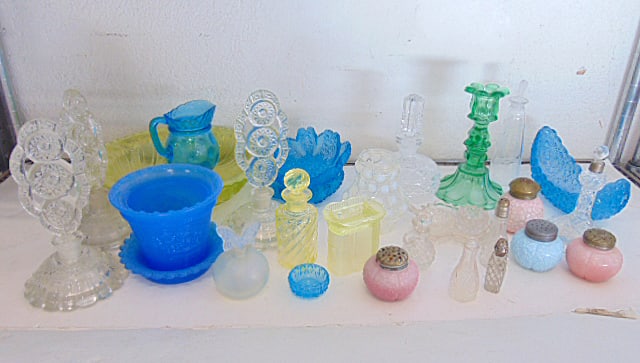 Lot early glass, some repro glass mixed in, various bowls, shakers, perfumes, candle holder, more, (1 of 5)