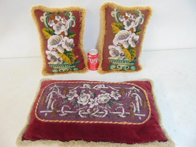 3 beaded pillows, pair & single, floral decorated, pair are 15" by 9", single is 21" by 13" (1 of 6)