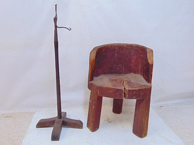 Primitive carved trunk chair & rush floor lamp, lamp is 40" tall (1 of 4)
