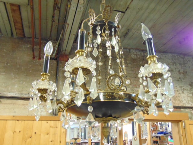 Crystal & metal chandelier, 6 arms, painted black metal with decorative gilt trim and pineapple (1 of 5)
