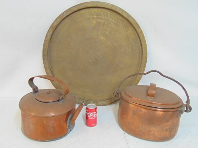 Large copper kettle, copper lidded pot & large brass Egyptian revival tray, tray is 26 5/8" in (1 of 5)
