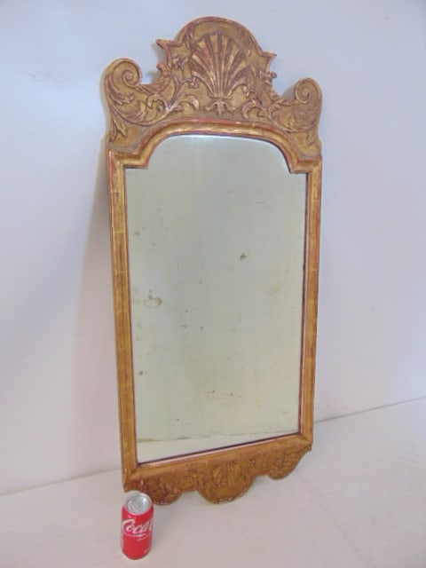 Gilt and carved wood framed mirror, shell form carved top, mirror is 42.5" by 19" (1 of 4)