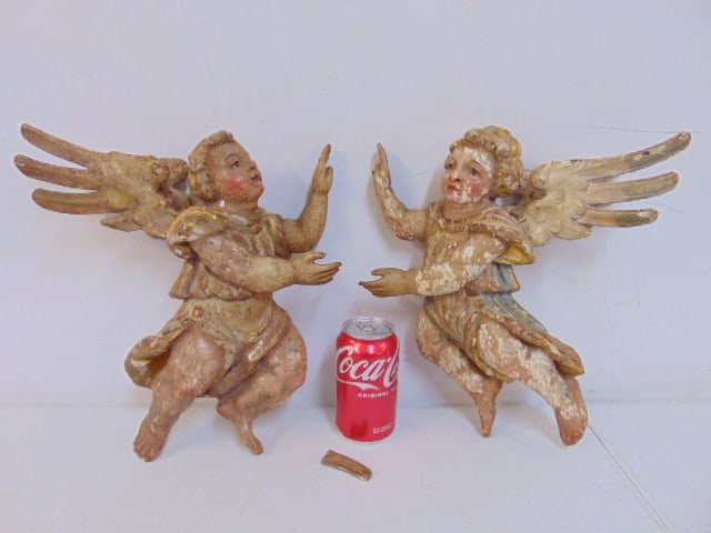 Pair early carved wood angels, gilt & paint detail, one wing is loose, need glue, other wing has (1 of 6)