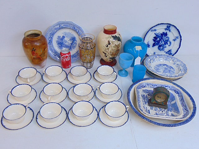 5 glass vases, set blue rimmed Wedgwood cups & saucers, blue & white china & small clock, paint (1 of 12)