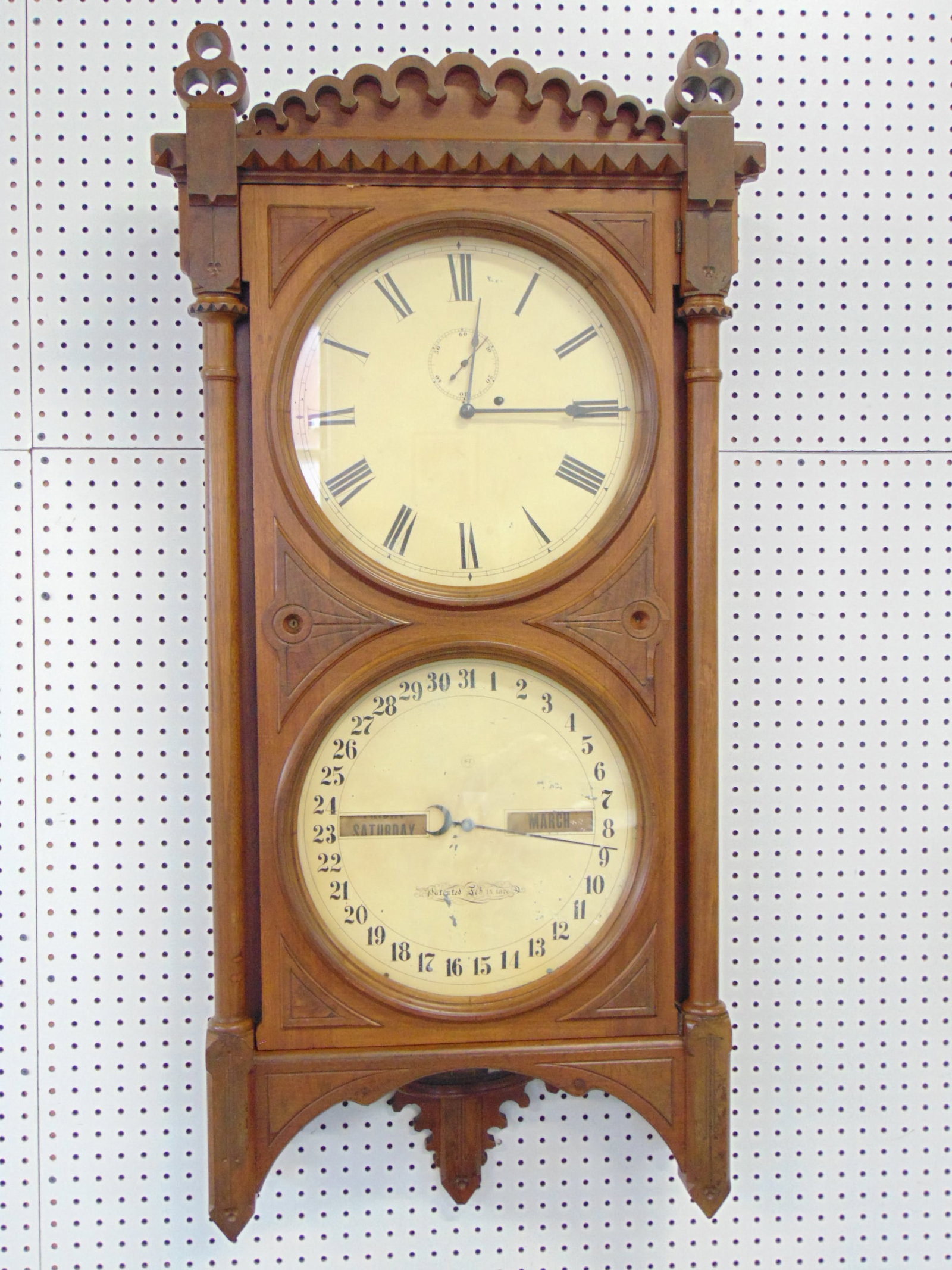 Seth Thomas Office Calendar double dial No. 5 wall clock, patented Feb. 15 1876, walnut case, single (1 of 11)