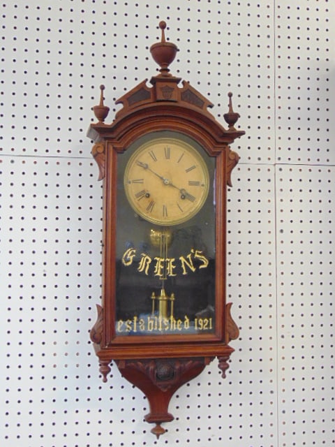 Walnut Ansonia regulator, carved detail on case, gold painted lettering on glass, "Green's (1 of 6)