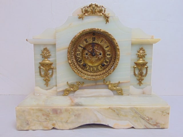 White onyx Ansonia mantle clock with gilt bronze trim, decorative face, clock is 16" by 6.5", height (1 of 5)