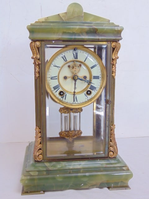 Green onyx crystal regulator by Ansonia with faux mercury weight, case is 8 1/8" by 6.75", height is (1 of 8)
