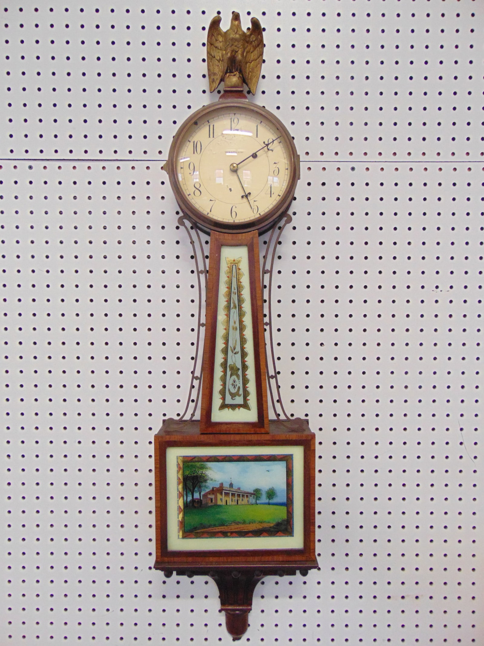 Waltham banjo clock with eglomise panels, movement marked Waltham Clock Co, USA, serial on movement (1 of 11)