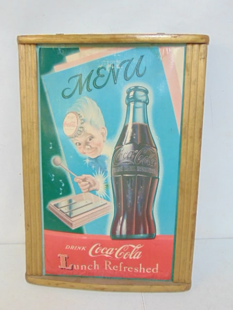 Advertising poster, Coca Cola Lunch refreshed, on cardboard, in deco style frame, old water damage (1 of 5)