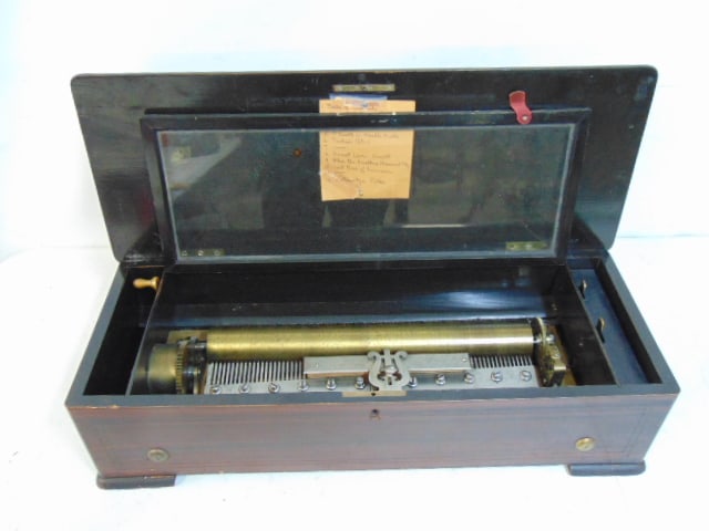 Large inlaid music box, working condition, plays 12 tunes, inlaid with exotic birds, case is 26.5" (1 of 8)