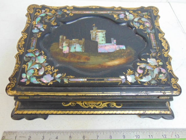 Mother of pearl inlaid paper mache lacquered lap desk with castle scene, green velvet interior, (1 of 5)