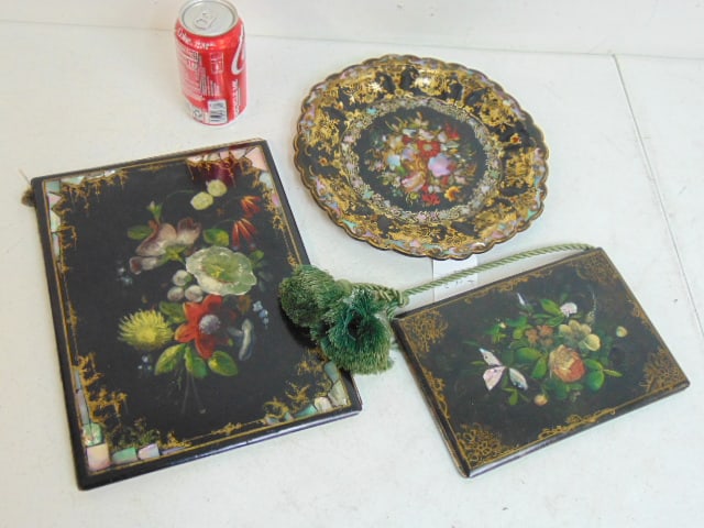 Inlaid mother of pearl plate & 2 folders, paper mache, floral paint decorated, plate or tray is 10 (1 of 6)