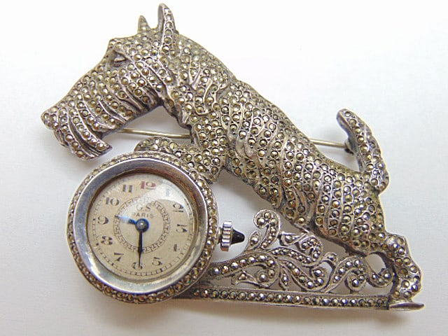 Jewelry. Vintage French Art Deco, G.S. Paris clock marcasite figural dog brooch, 2 1/4" x 2" touch (1 of 5)