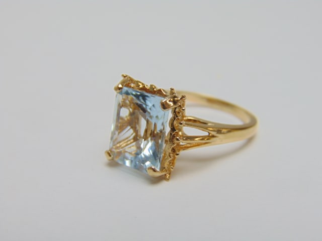 Jewelry. Vintage 14kt yellow gold aquamarine ring, 4.10 grams, size 6, stone is approx. 11mmx 10mm, (1 of 6)