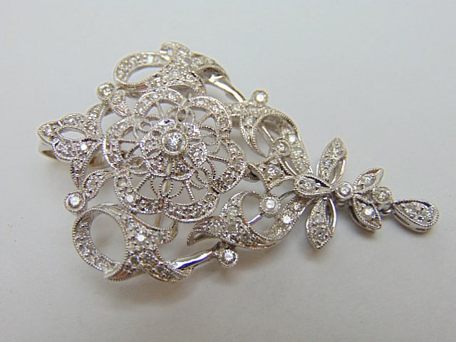 Jewelry. Vintage 18kt white gold diamond filigree brooch/pendant, 10.65 grams, 1 3/4" x 1 1/8" (1 of 5)