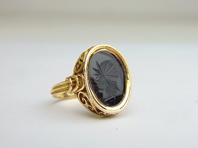 Jewelry. 18kt yellow gold intaglio ring, 5.68 grams, size 7, intaglio depicting a Roman soldier, (1 of 6)