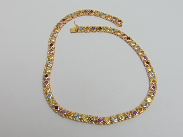 Jewelry. 14kt yellow gold gemstone necklace, 38.30 grams, total length 17 3/4" long, gemstones (1 of 6)