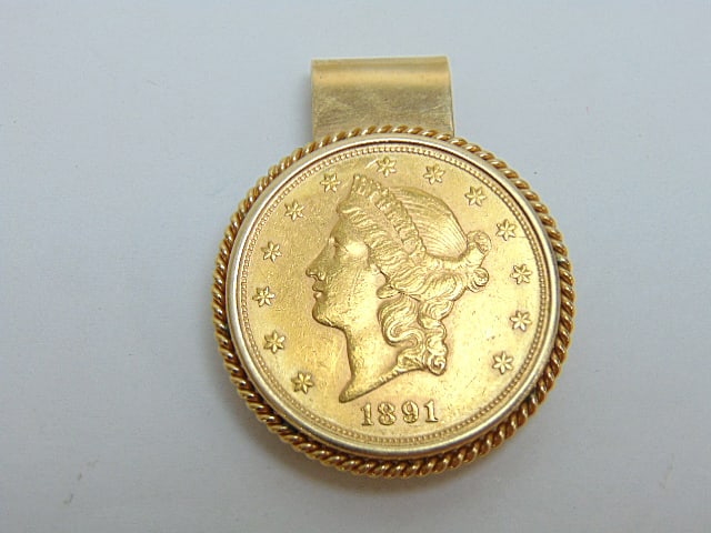 Jewelry. Gold 1891 Liberty coin money clip, 50.63 grams, coin set in gold bezel and mounted on gold (1 of 5)