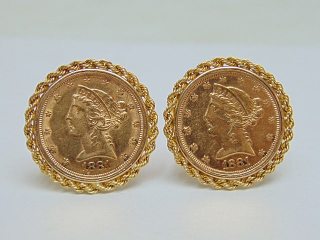 Jewelry. Gold 1881 Liberty coin cufflinks, 14kt gold, 28.34 grams, signed Morgan Smith, hallmark: Jewelry. Gold 1881 Liberty coin cufflinks, 14kt gold, 28.34 grams, signed Morgan Smith, hallmark 18k, gold rope bezel around each coin, good condition