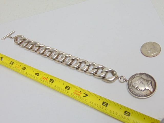 Jewelry. Sterling link bracelet w/ 1807 coin of Napoleon, 2.57 troy oz total weight, bracelet is 8": Jewelry. Sterling link bracelet w/ 1807 coin of Napoleon, 2.57 troy oz total weight, bracelet is 8" includes the toggle clasp, good condition