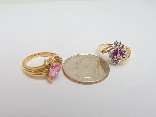 Jewelry. 2 gold rings, 14kt diamond & purple gemstone, 3 grams, size 6, & 14kt diamond & pink (1 of 4)