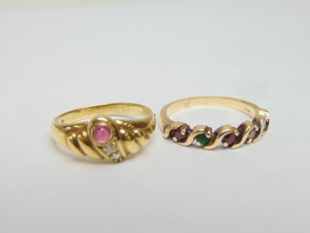 Jewelry. 2 gold rings, 14kt band ring w/ 5 small gemstones, 2.98 grams, size 7, & 14k small cabochon (1 of 5)